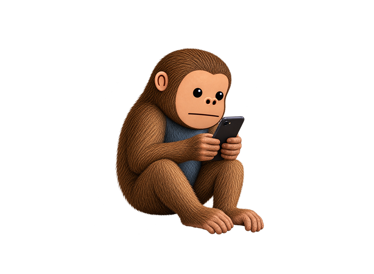 chimpfone testing oversized black phones in a bright open sky
